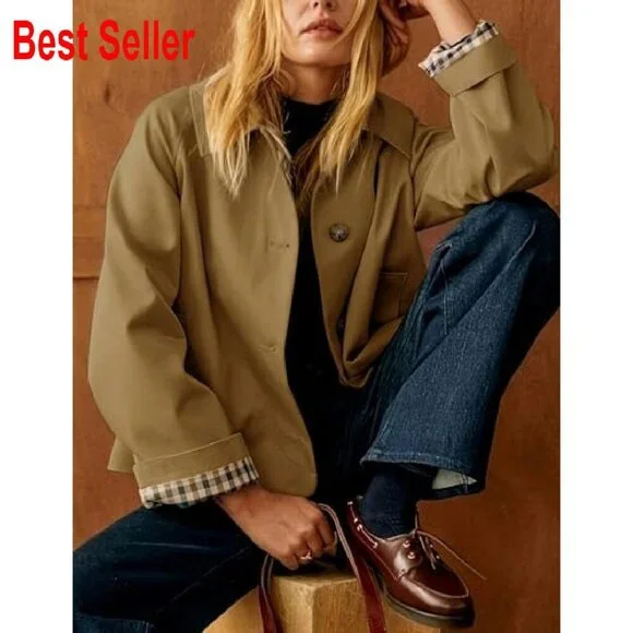 Cropped Trench Coat Oversized Chic Classic Button Down Lapel Jacket - Picture 5 of 8